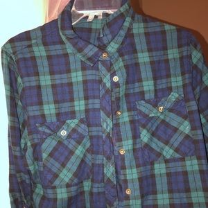 Checkered Green Blue Button Flannel